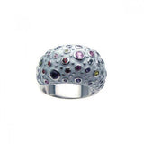 Sterling Silver Fancy White Enamel Domed Band Ring Inlaid with Multi-Colored Czs