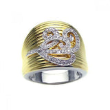 Sterling Silver Two-Toned Cigar Band Ring with Paved Flower Vine Design