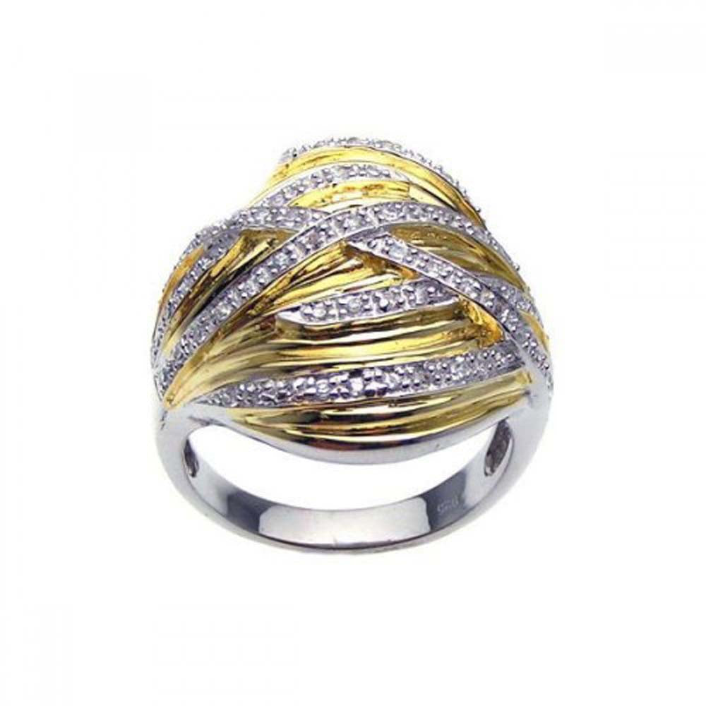 Sterling Silver Two-Toned Fancy Czs Lined Pattern Design Cigar Band Ring