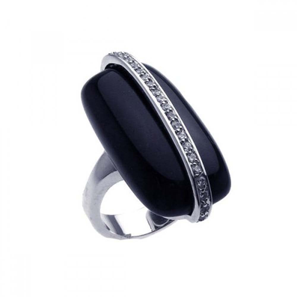 Sterling Silver Classy Elongated Black Onyx Stone Inlaid with Clear Czs Ring