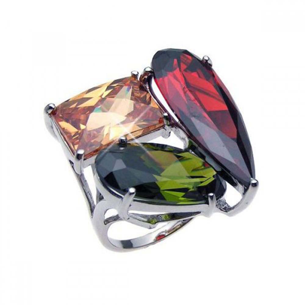 Sterling Silver Rhodium Plated Large Multi Colored Different Shaped Ring With CZ Stones