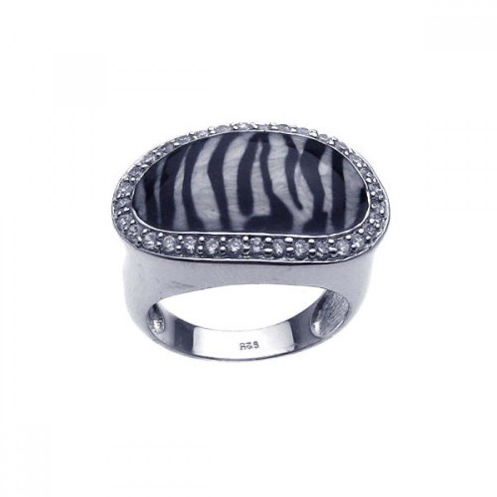 Sterling Silver Fancy Zebra Print Design Inlaid with Clear Czs Ring