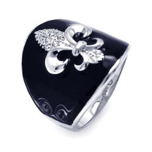 Load image into Gallery viewer, Sterling Silver Fancy Black Enamel Cigar Band Ring with Fleur De Lis Design Inaid with Clear Czs