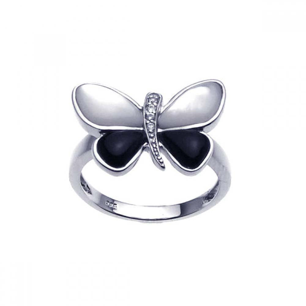 Sterling Silver Butterfly Design Inlaid with CzsAnd Mother of Pearl and Black Onyx Ring