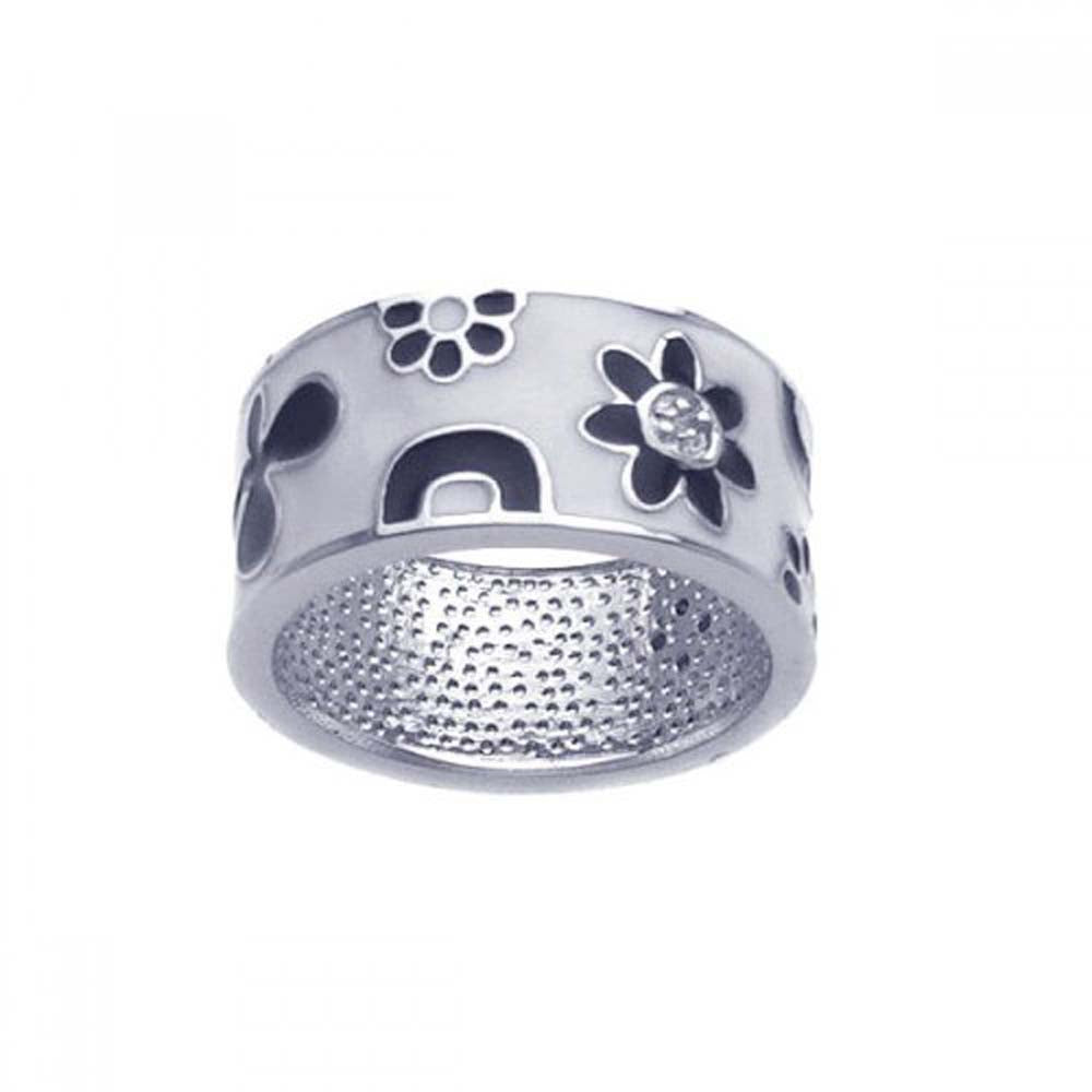 Sterling Silver Fancy White Enamel Band Ring with Multi Black Enamel Flower Design