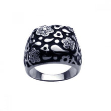 Load image into Gallery viewer, Sterling Silver Black Enamel Square Band Ring with Multi Flower Design Inlaid with Clear Czs