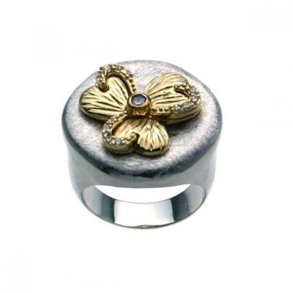 Sterling Silver Antique Style Ring with Gold Plated Butterfly Design Inlaid with Clear Czs