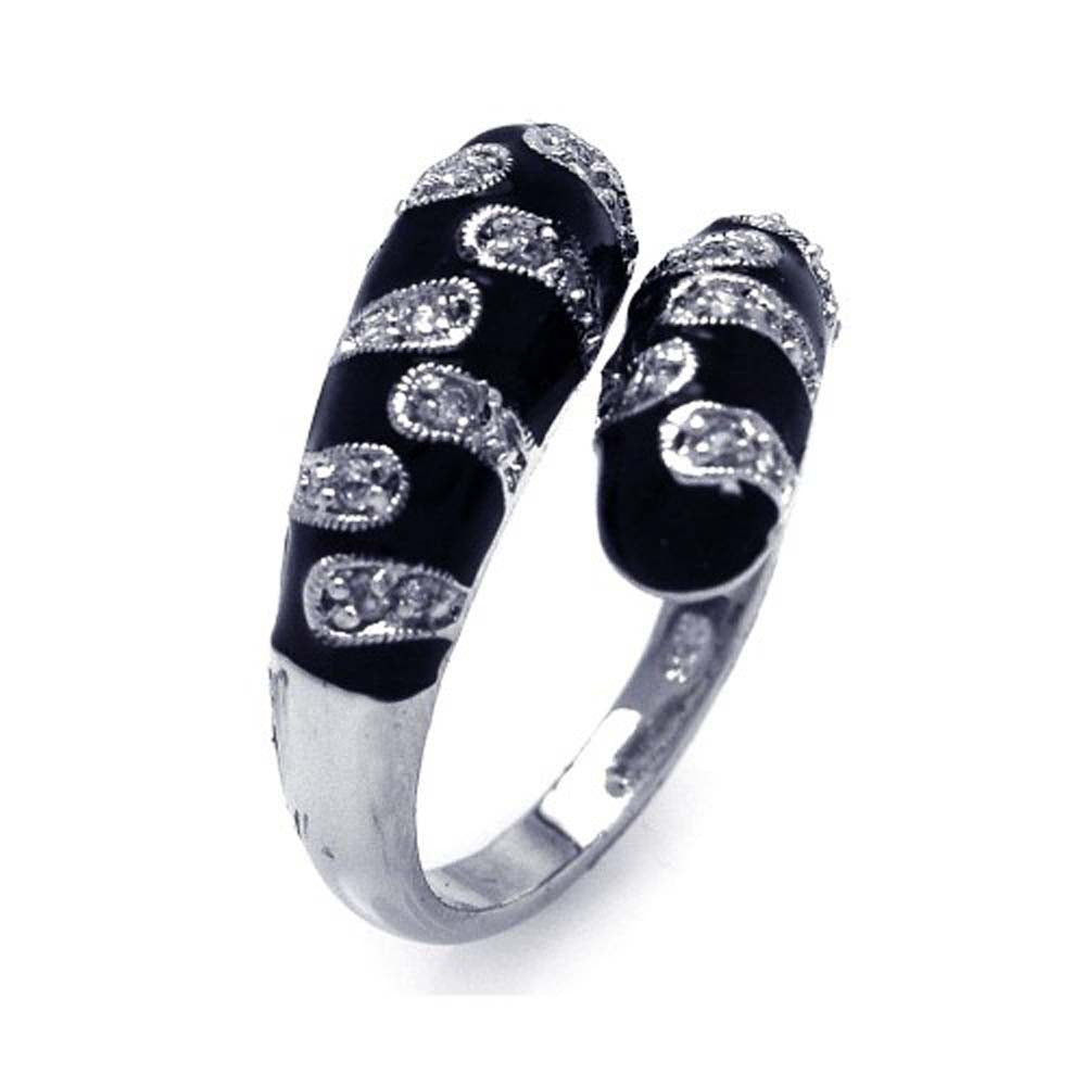 Sterling Silver Classy Black Enamel Adjustable Bypass Band Ring with Clear Czs Pattern Design