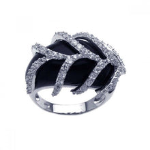Load image into Gallery viewer, Sterling Silver Fancy Black Onyx Ring with Pave Leaf Design