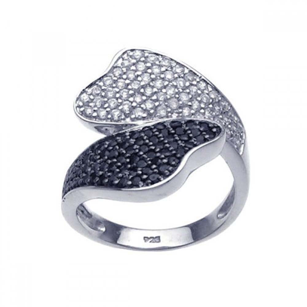 Sterling Silver Two-Toned Fancy Two Leaves Design Inlaid with Black and Clear Czs Bypass Band Ring