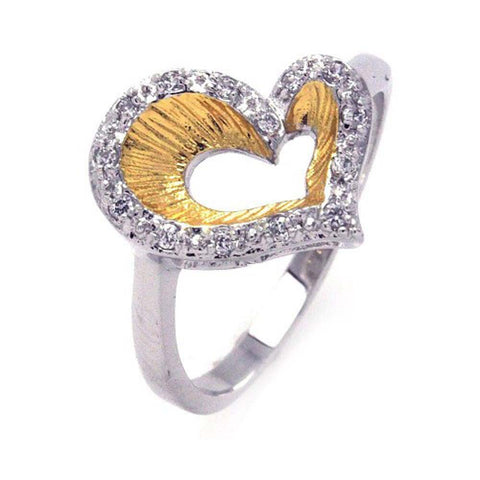 Sterling Silver Two-Toned Fancy Open Heart Design Inlaid with Clear Czs Ring
