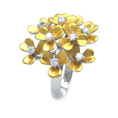 Sterling Silver Two-Toned Fany Flower Bouquet Design Inlaid with Clear Czs Ring