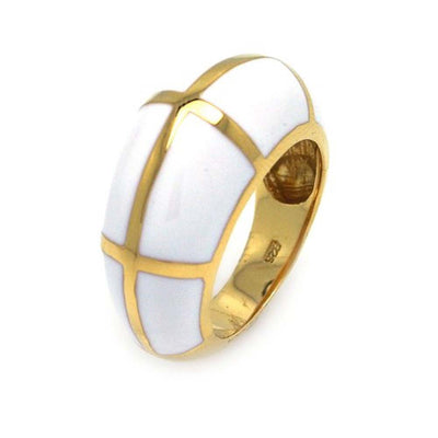 Sterling Silver Gold Plated White Enamel Domed Band Ring with Lined Pattern Design