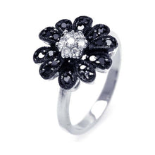 Load image into Gallery viewer, Sterling Silver Two-Toned Flower Design Inlaid with Black and Clear Czs Ring