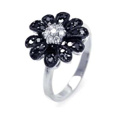 Sterling Silver Two-Toned Flower Design Inlaid with Black and Clear Czs Ring