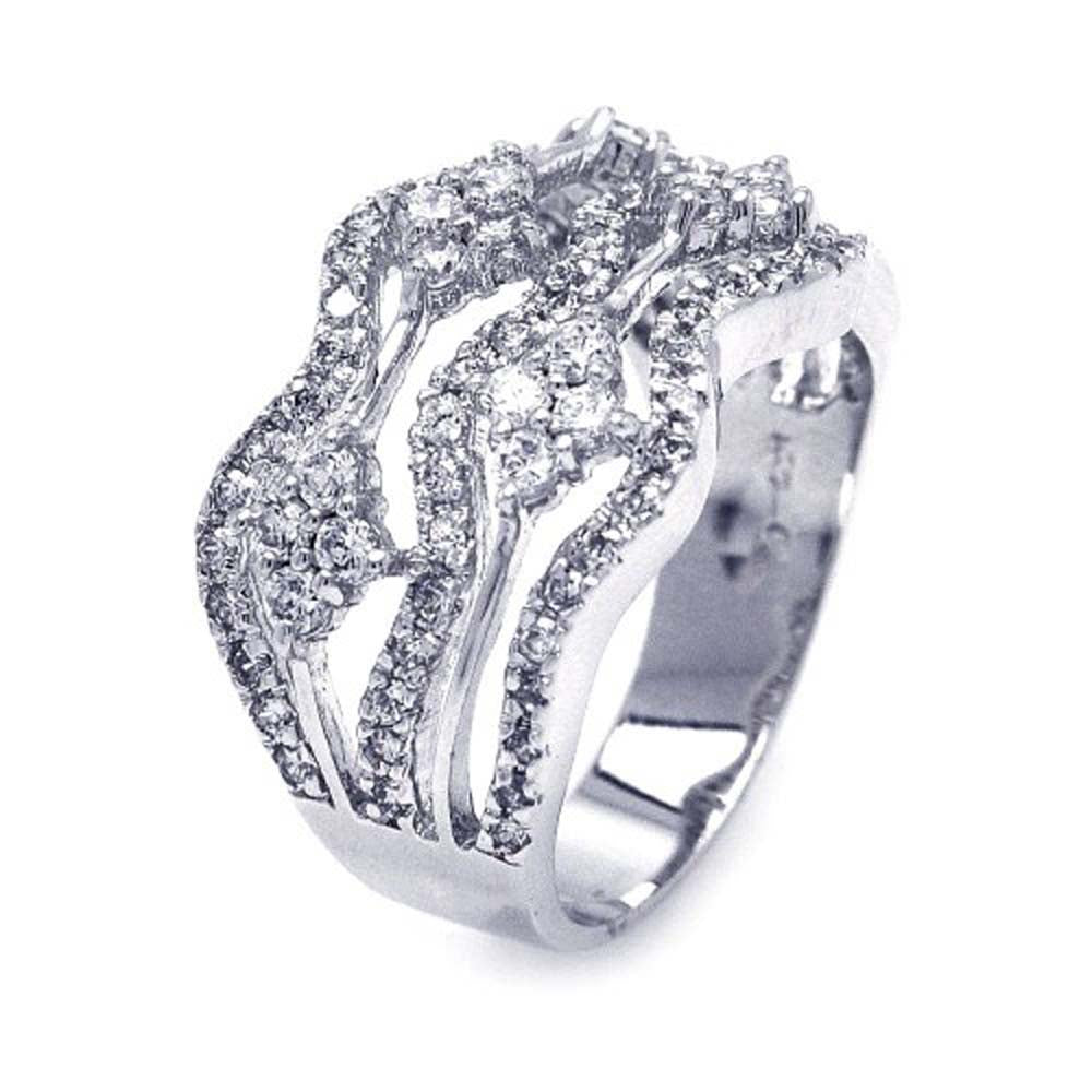 Sterling Silver Elegant Wave Design Inlaid with Micro Paved Clear Czs Ring