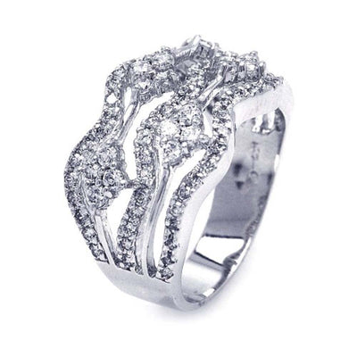 Sterling Silver Elegant Wave Design Inlaid with Micro Paved Clear Czs Ring