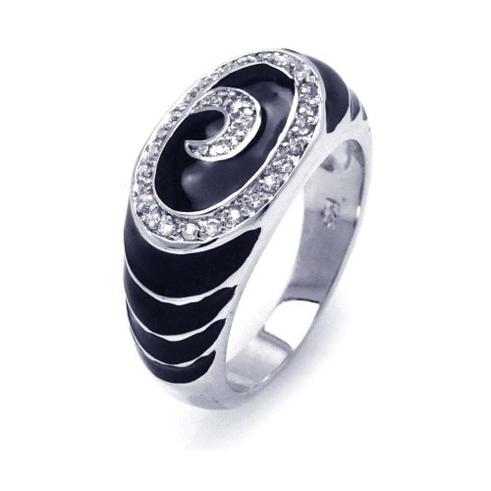 Sterling Silver Fancy Black Enamel with Swirl Ripple Design Inlaid with Clear Czs Ring