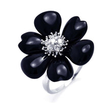 Load image into Gallery viewer, Sterling Silver Fancy Black Onyx Flower Design with Centered Clear Czs Ring