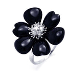 Sterling Silver Fancy Black Onyx Flower Design with Centered Clear Czs Ring