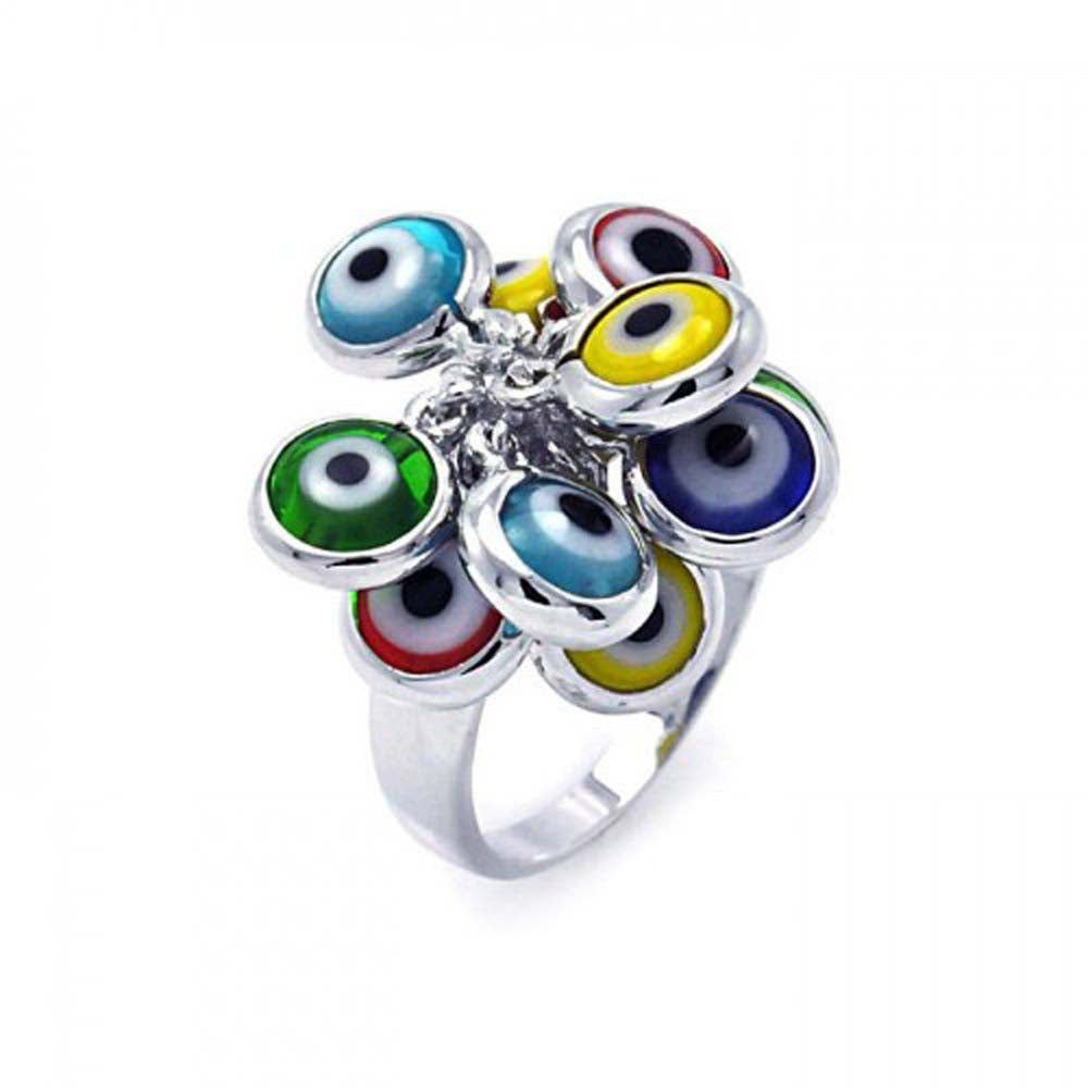 Sterling Silver Multi-Colored Hanging Evil Eye Ring