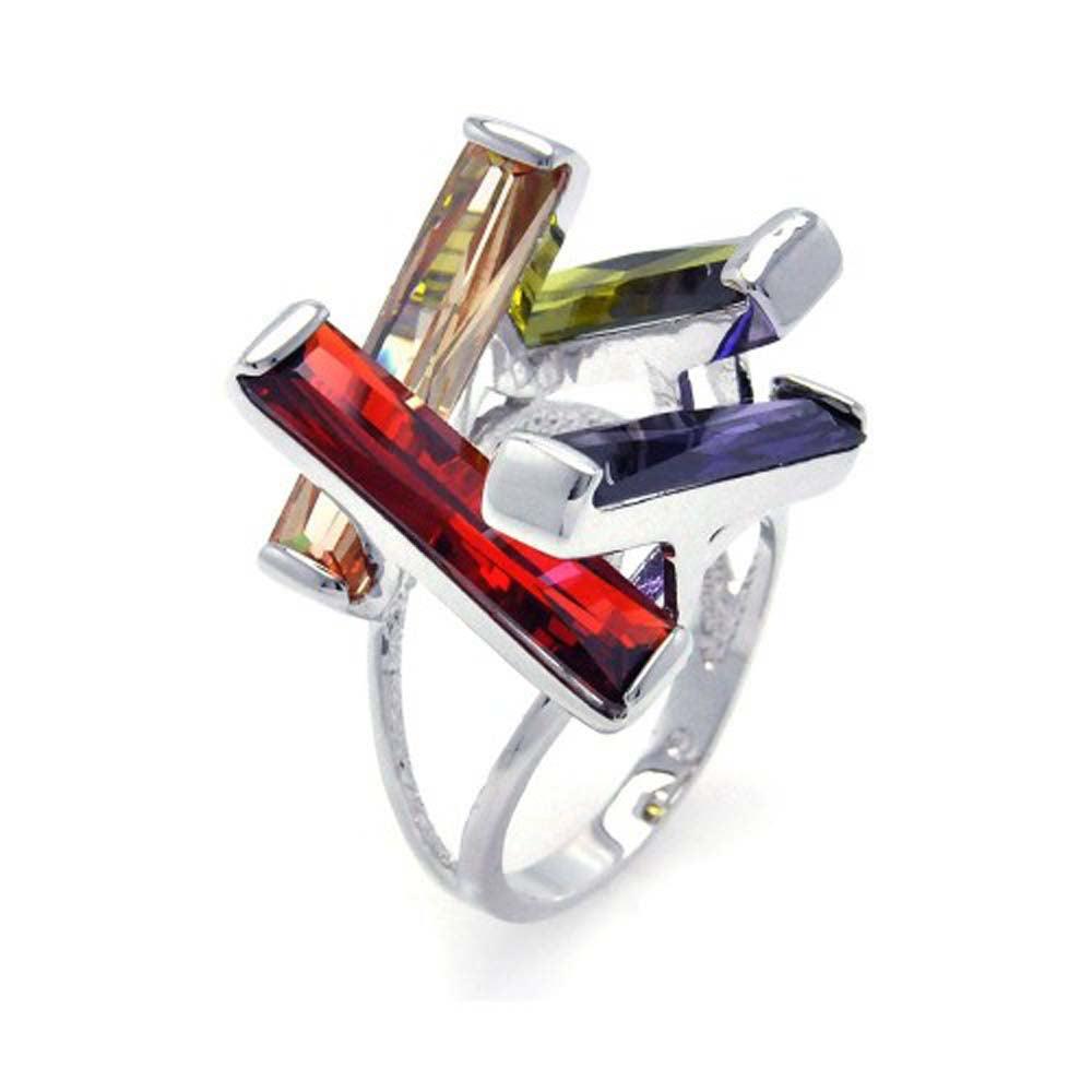 Sterling Silver Rhodium Plated Multi Colored CZ Open Long Bar Ring