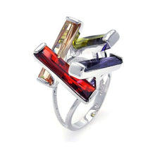 Load image into Gallery viewer, Sterling Silver Rhodium Plated Multi Colored CZ Open Long Bar Ring