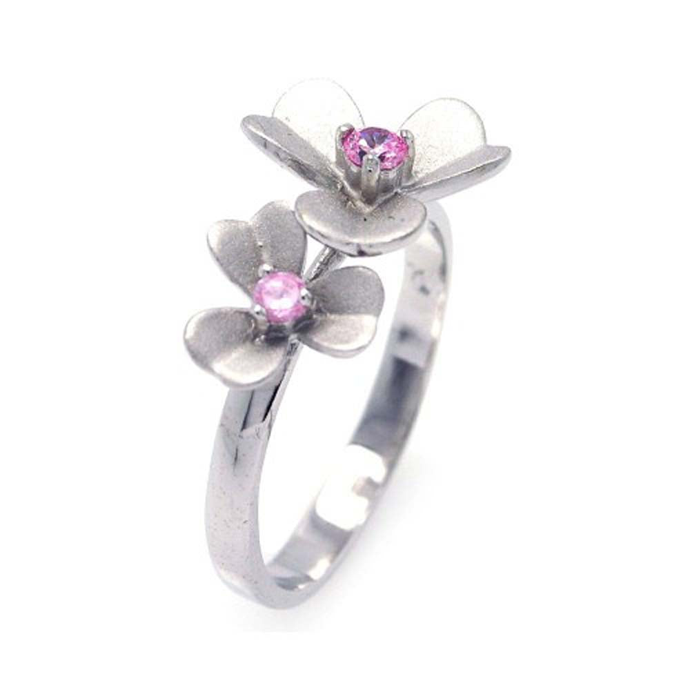 Sterling Silver Trendy Double Flower Design Inlaid with Pink Cz Ring