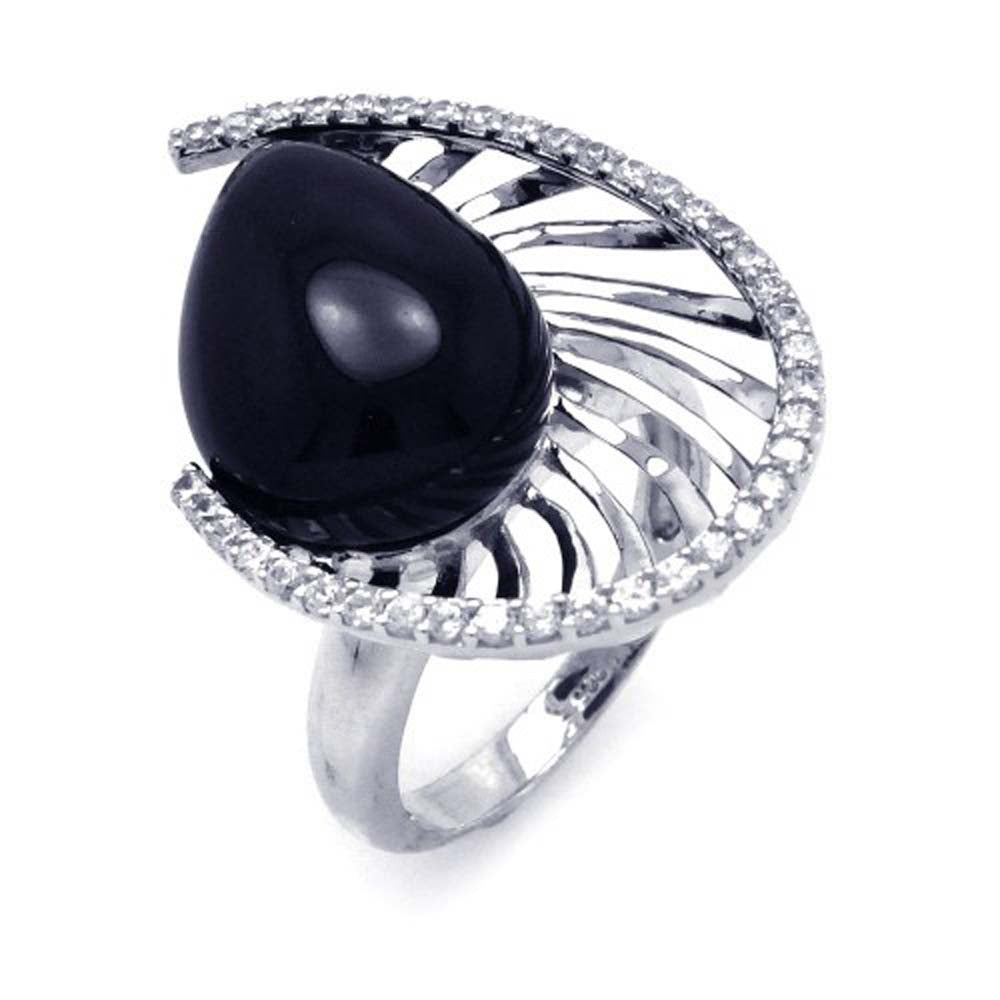 Sterling Silver Elegant Spiral Design Inlaid with Clear Czs and Single Pearshaped Black Onyx Ring