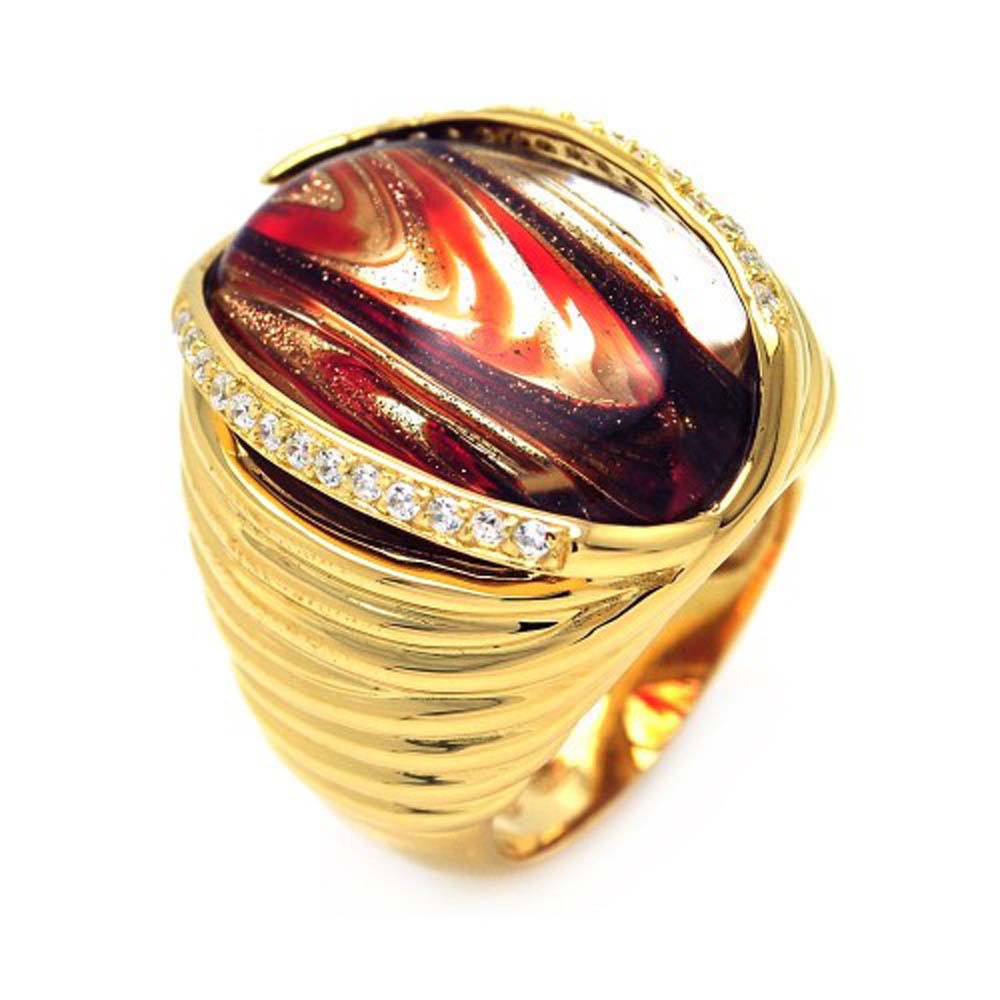 Sterling Silver Gold Plated Elegant Design Inlaid with Clear Czs and Centered Oval Synthetic Sandstone Ring