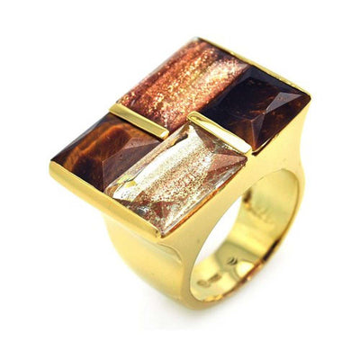 Sterling Silver Gold Plated Fashionable Ring Set with Square Shaped Two Tiger Eyes and Two Sandstones