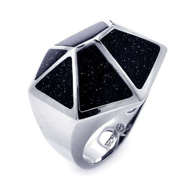 Sterling Silver Geometric Design Inlaid with Synthetic Black Quartz Ring