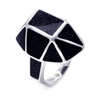 Sterling Silver Geometric Ring Inlaid with Synthtetic Black Quartz Design