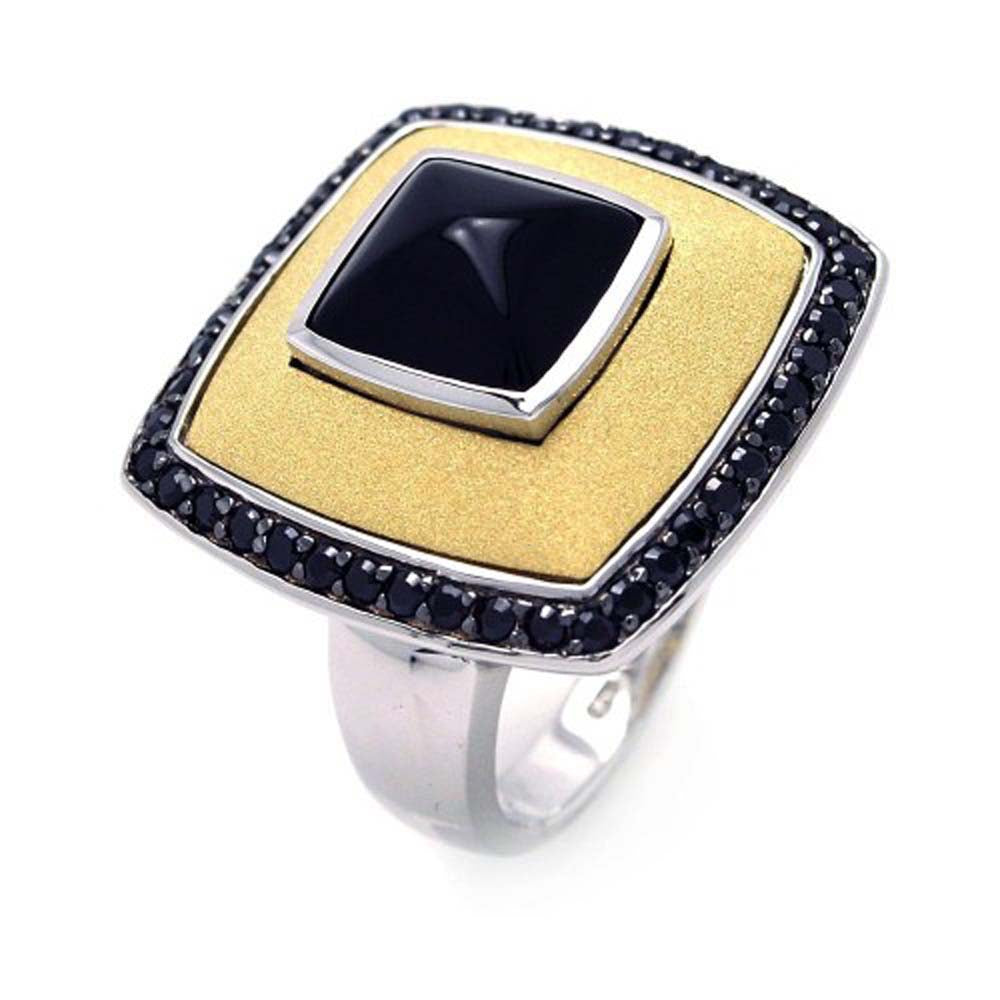 Sterling Silver Three-Toned Fashionable Square Shaped Ring Inlaid with Black Czs and Centered Black Stone Design