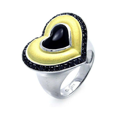 Sterling Silver Three-Toned Heart Design Inlaid with Black Czs and Centered Black Stone Design