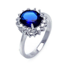 Load image into Gallery viewer, Sterling Silver Elegant Blue Sapphire Oval Cut with Clear Czs Cluster Design Ring