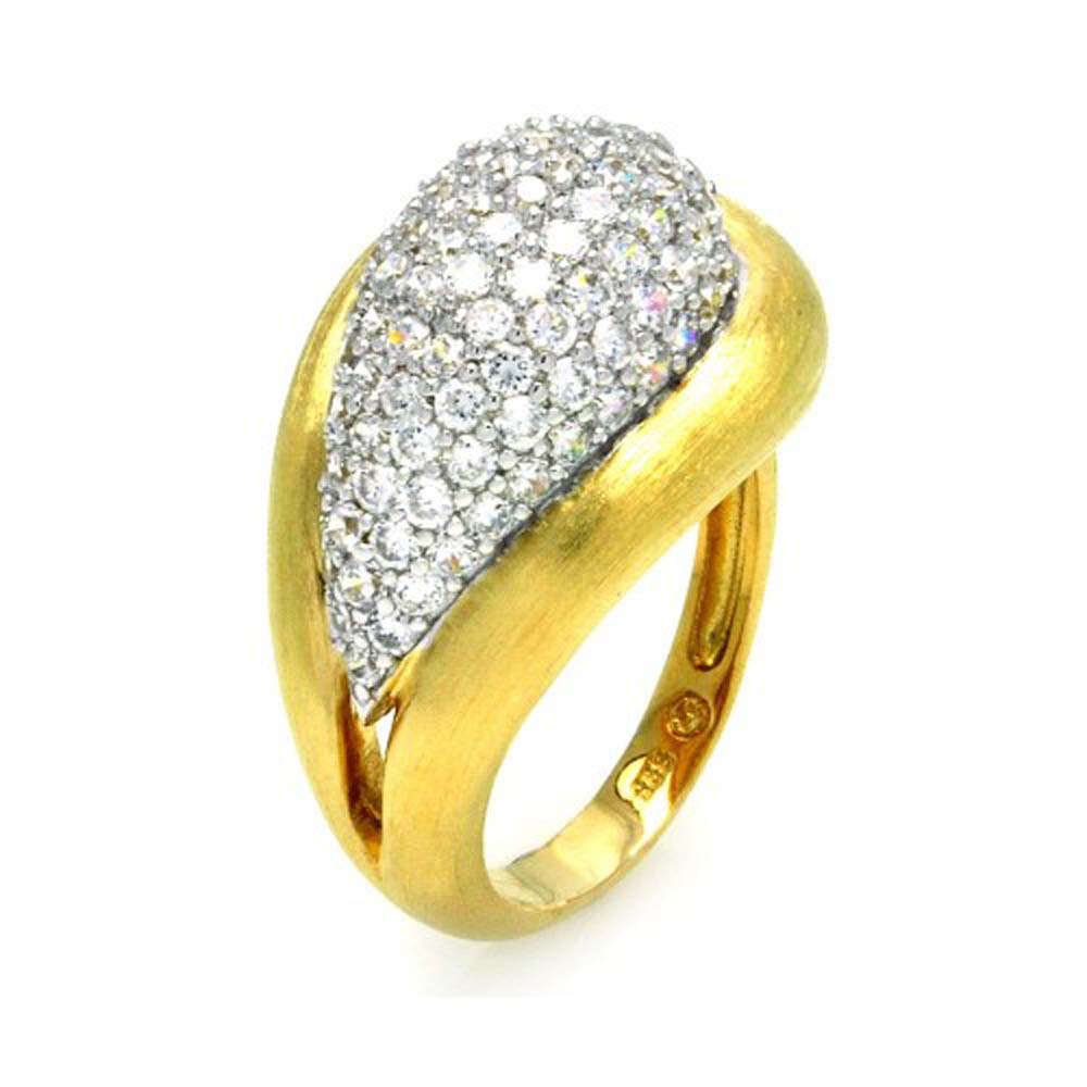 Sterling Silver Gold Plated Fancy Band Ring with Micro Paved Clear Czs Teardrop Shaped Design