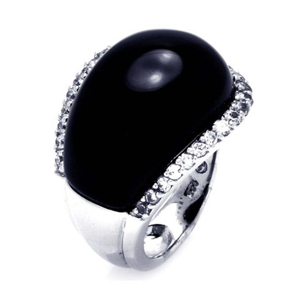 Sterling Silver Black Onyx Fancy Band Ring Inlaid with Clear Czs