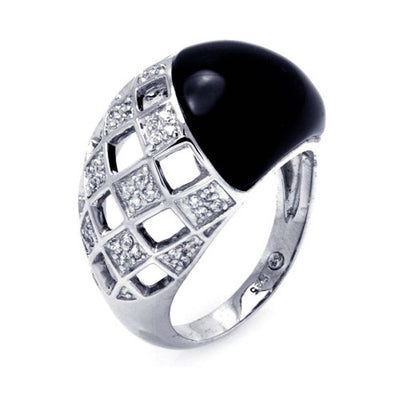 Sterling Silver Elegant Multi Diamond Shaped Design Inlaid with Clear Czs and Black Onyx Ring