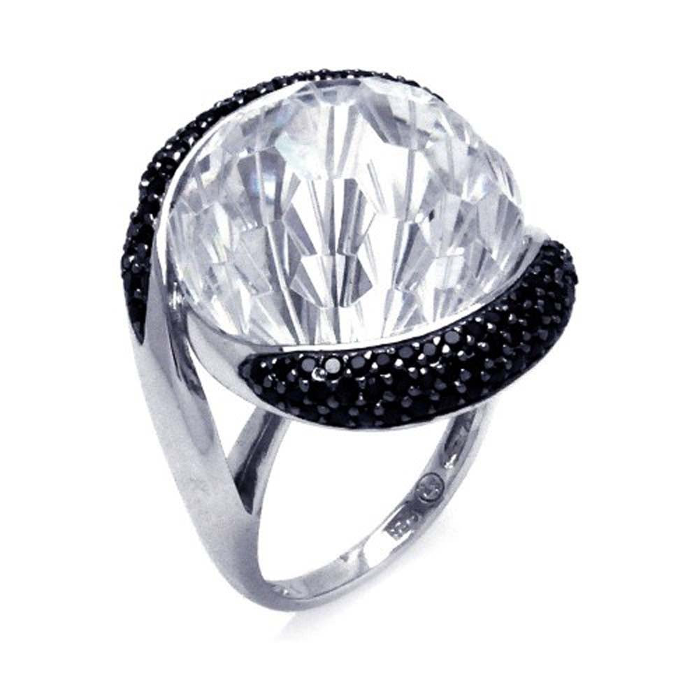 Sterling Silver Two-Toned Fancy Band Ring Set with Large Clear Cz and Inlaid with Micro Paved Black Czs