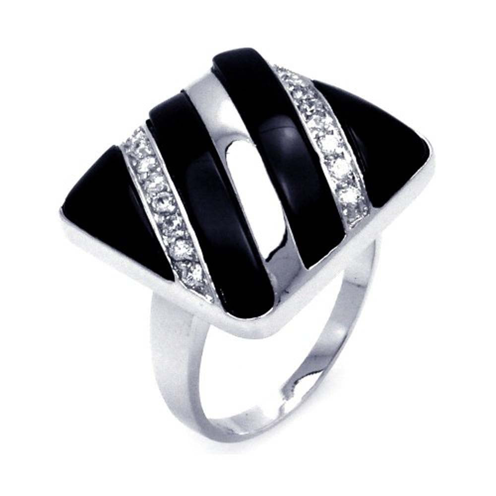 Sterling Silver Square Shaped with Black Onyx and Clear Czs Stripe Design Fashionable Ring
