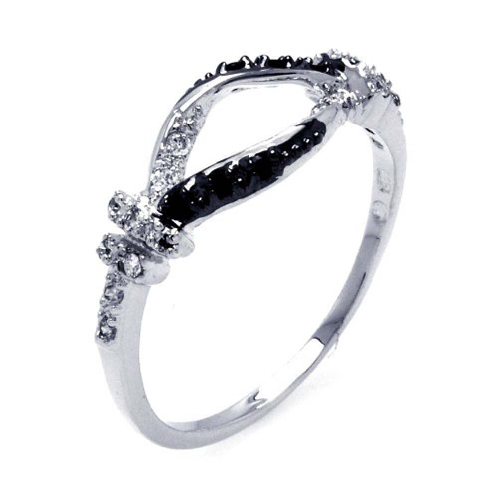 Sterling Silver Two-Toned Fancy Band Ring Inlaid with Clear and Black Czs