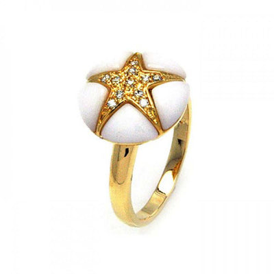 Sterling Silver Gold Plated Round White Onyx with Paved Star Design Ring