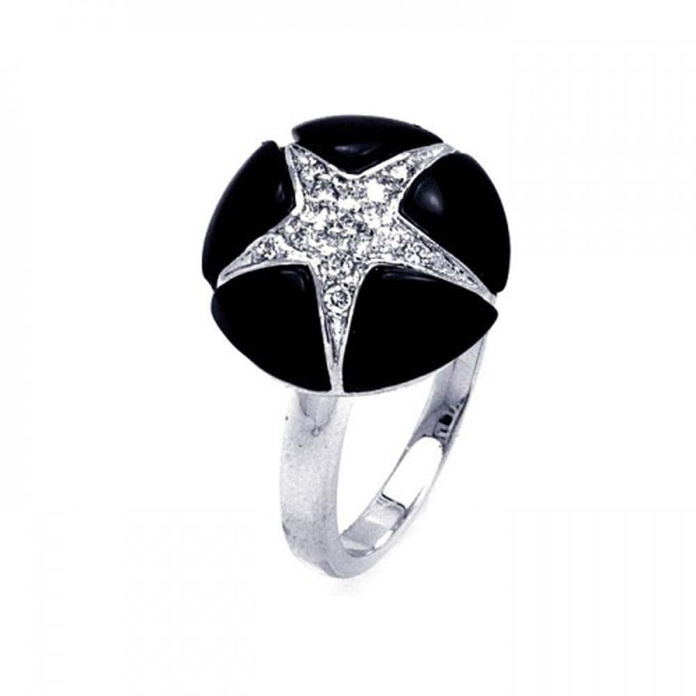 Sterling Silver Round Black Onyx with Paved Star Design Ring