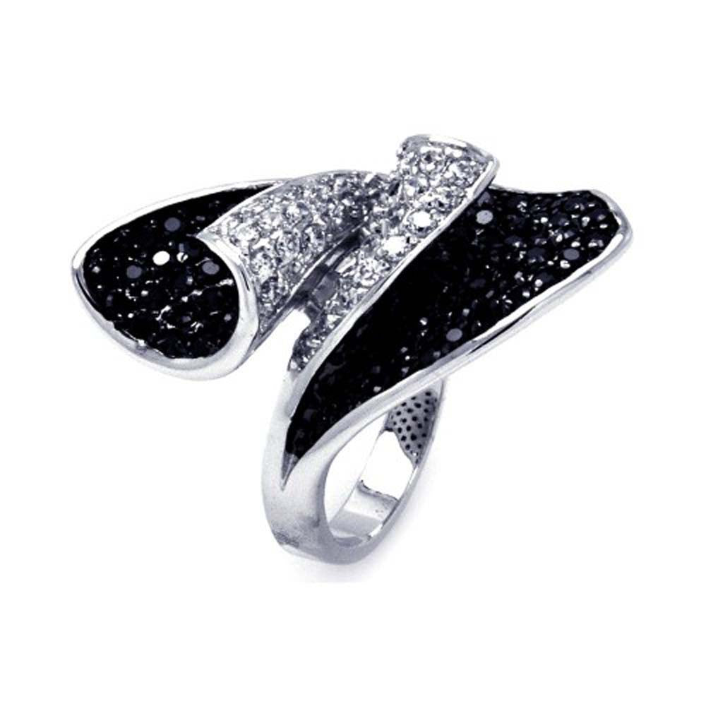 Sterling Silver Two-Toned Fancy Double Folded Design Inlaid with Micro Paved Clear and Black Czs Ring