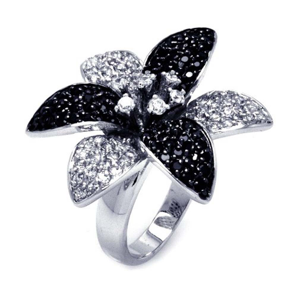 Sterling Silver Two-Toned Fancy Flower Design Inlaid with Micro Paved Clear and Black Czs Ring