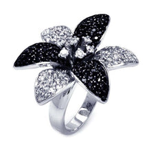 Load image into Gallery viewer, Sterling Silver Two-Toned Fancy Flower Design Inlaid with Micro Paved Clear and Black Czs Ring