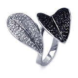 Sterling Silver Two-Toned Fancy Leaves Design   Inlaid with Micro Paved Clear and Black Czs Ring