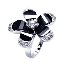 Load image into Gallery viewer, Sterling Silver Fashionable Ring with Black Cz Flower Design Inlaid with Clear Czs Ring