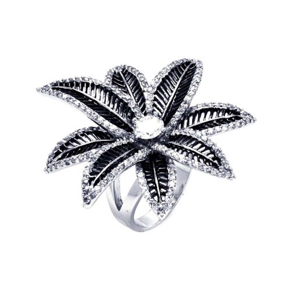 Sterling Silver Two-Toned Spiny Flower Design Inlaid with Clear Czs and Centered Solitaire Round Cut Clear Cz Ring